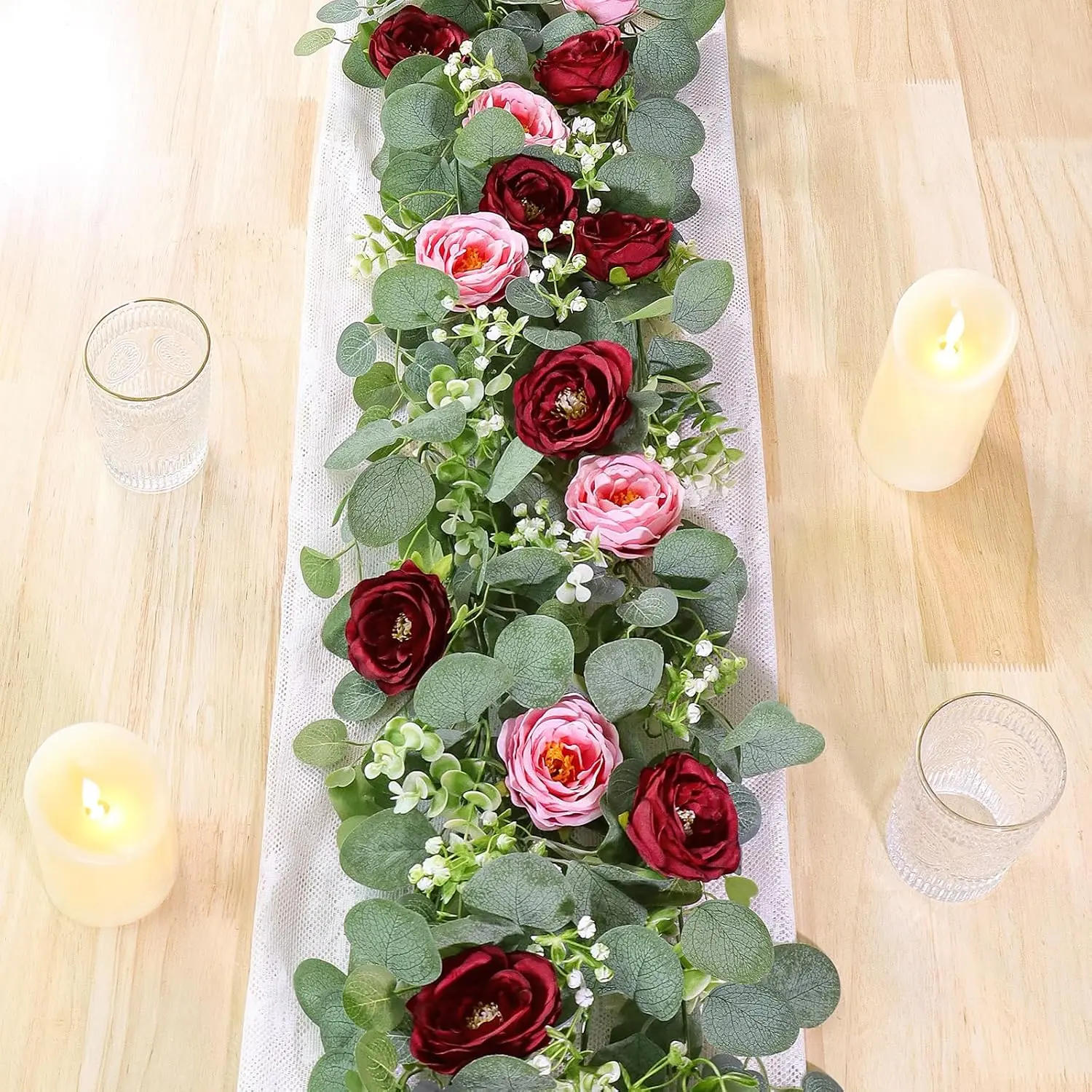 2-Pack 13FT Artificial Eucalyptus & Fake Silk Roses Garland - Red, Pink Blooms, Photorealistic Greenery Vines for Wedding, Home Decor table decor festive centerpiece House Party sohochic