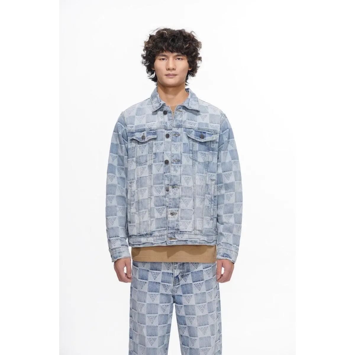 Men's Classic Casual Checked Denim Coat - Light Blue Wash, Tonal Check Pattern, Structured Button-Up, Contrast Stitching, Valabasas Logo Detailing, Pockets, Classic Style Men's Lightweight Jackets, Streetwear Layering Top