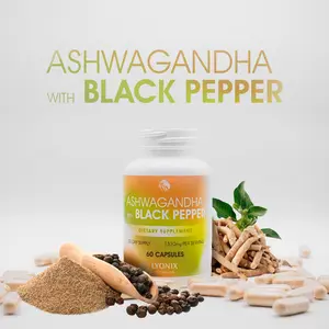 LYONIX Ashwagandha with Black Pepper Dietary Supplement 60 Capsules 130mg per Serving Natural Herbal Formula for Health Support