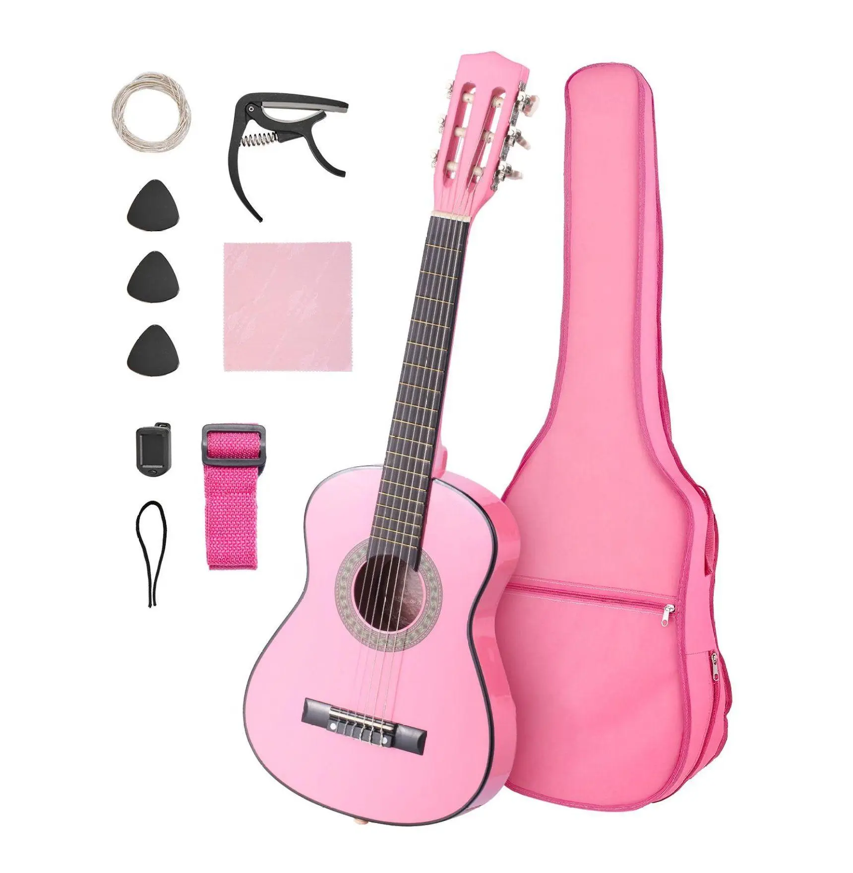 30 Inch Classical Guitar Beginner Kit - Wood Nylon String Guitar with Gig Bag, Tuner, Strap, Picks & Capo - Basswood Student Guitar for Kids, Girls, Boys - Pink