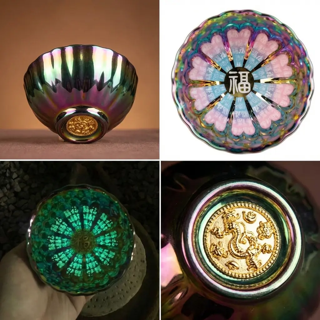 LINXIN Jianzhan Studio Cup - Chinese Intangible Cultural Heritage Collectible, Classic 100 Blessings Calligraphy, Golden Dragon Design, Dual Day-Night Luminosity, Jian Zhan Rainbow Glaze, Jade-Green Glow, Ideal for Gifting & Tea Enthusiasts