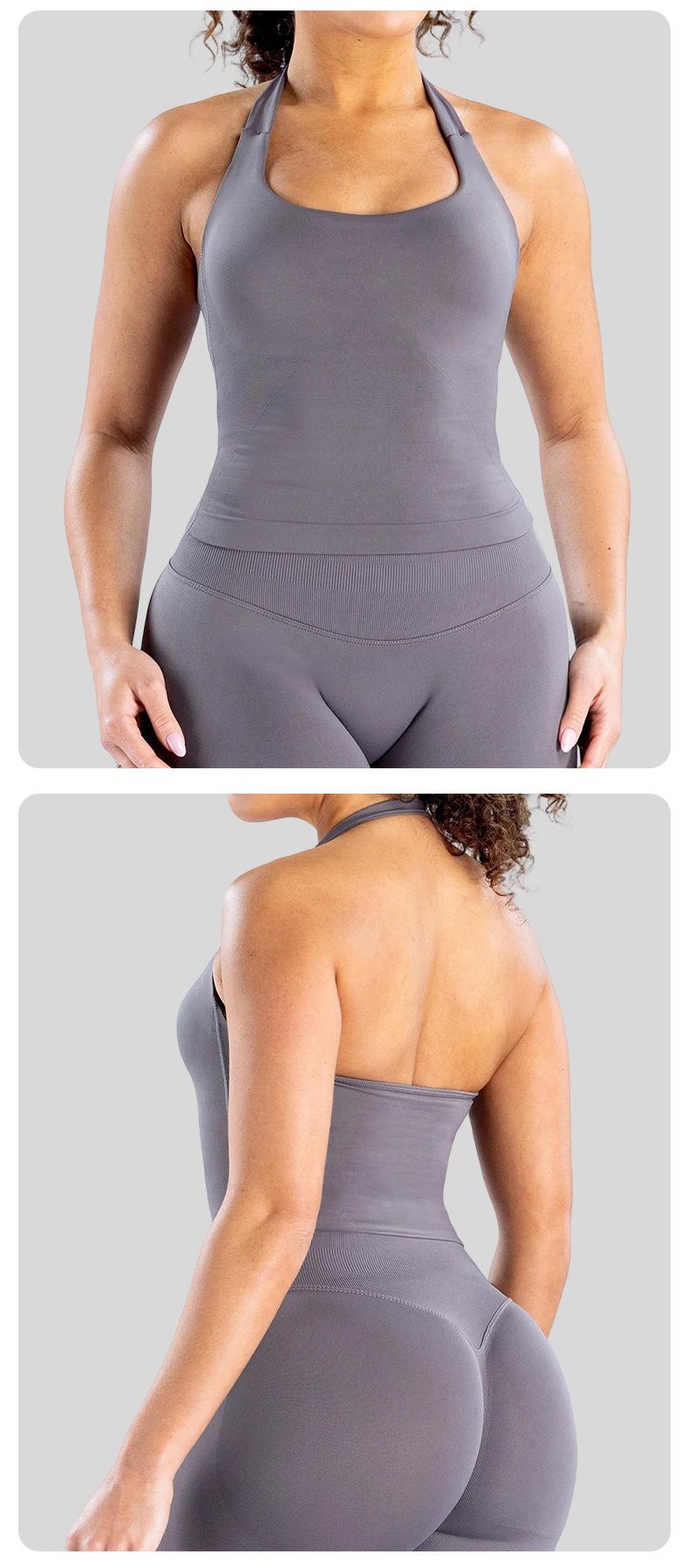 Seamless Halter Neck Yoga Set  Open Back Anti-Exposure Sports Bra, Body Shaping Workout Crop Top For Women