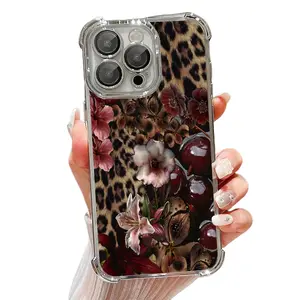 Leopard-Print Cherry Blossom Smartphone Case, Transparent Soft Silicone Cellphone Accessory with Corner Drop Protection, Anti-Slip Properties, Camera Lens Protection for iPhone 13-17, 12, 11 Handheld Devices