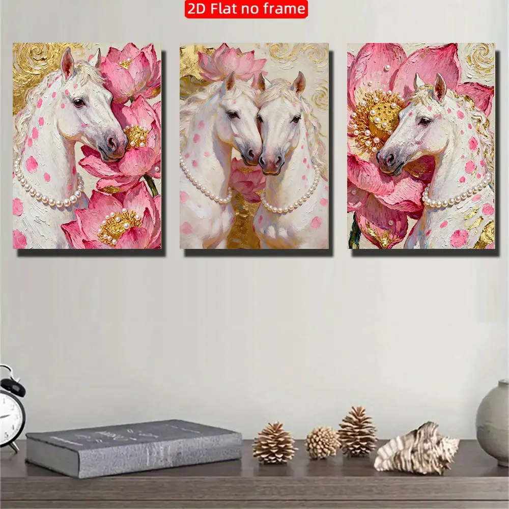 2D Frameless 3-Piece Set Couple Horses, Starry Background Canvas Poster, Abstract Horse Art Print, Home Decor, Wedding Gift, Valentine's Day Gift