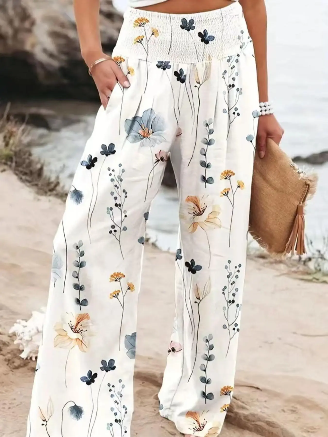 Women's Random Floral Print Pocket Shirred High Waist Comfy Wide Leg Pants, Boho Bohemian Casual Trousers for Beach Vacation Holiday, Ladies Bottoms for All Seasons