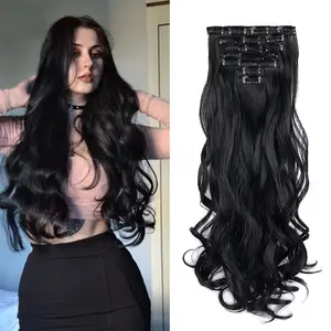 22 Inch Clip In Hair Extensions 7 PCS Long Wavy Synthetic Black Hair Extension & Natural Soft Invisible Clip Thick Hairpieces for Women Daily