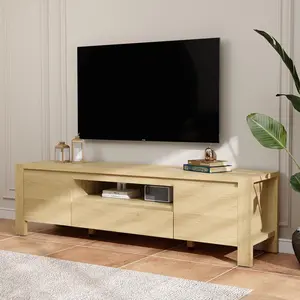 Garvee 63-Inch Farmhouse Entertainment Center with Doors and Cabinet, Natural Color Console Stand for Living Room or Bedroom, Fits Screens up to 70 Inches