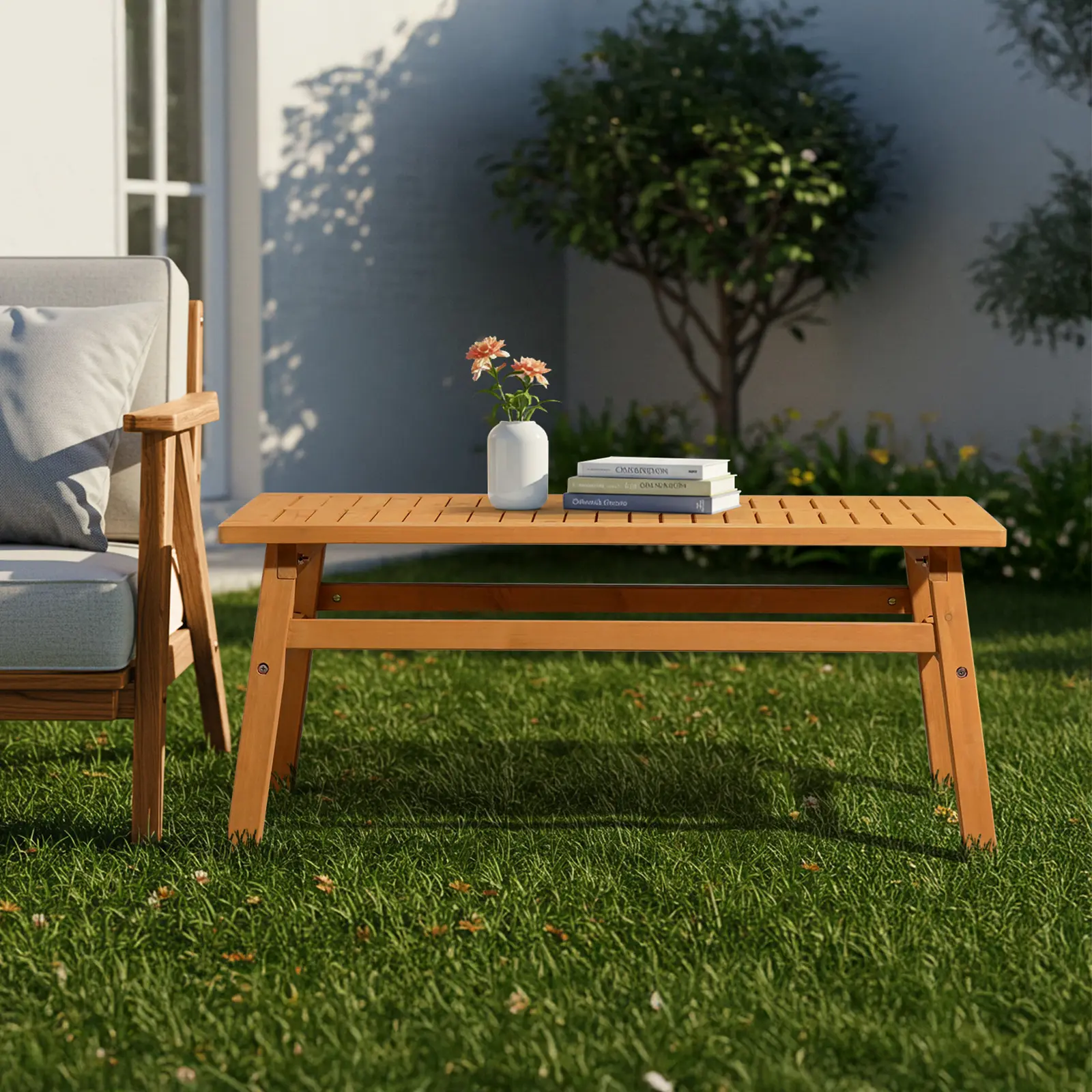 Solid Cedar Wood Outdoor Coffee Table, 42 Inch Rectangular Farmhouse Patio Side Table With Slatted Drainage Tabletop, Reinforced Crossbar Stable Accent Table For Garden, Poolside, Lawn, Backyard & Living Room, Teak Wood Finish