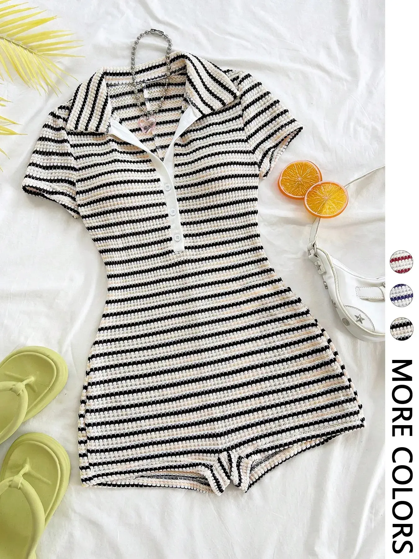 Women's Striped Polo Neck Knit Short Sleeve Jumpsuit Travel Outfits, Casual Fitted Holiday Style, Slimming Bodycon, Trendy Ladies' Wear, Premium Quality, Daily Chic Look, Must Have