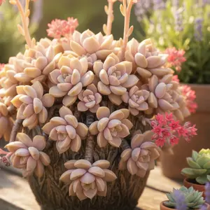 Live Pink Succulent Plant, Graptopetalum Hybrid 'Pink Peach' Rosette Succulent, Fully Rooted Potted Houseplant, Low-Maintenance Indoor/Outdoor Decorative Plant, Rare Pink-Tinted Succulent for Home,Beginner Friendly Drought-Tolerant Evergreen Pla
