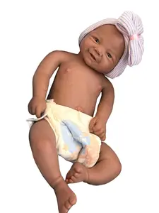 18-inch Soft Silicone Newborn Baby Doll,   Lifelike Brown SkinDoll with Happy Smile, Realistic Details, Soft Body, Bottle,Birth Certificate & Comfort Item, Ideal for Collectors &Birthday Gifts, Lifelike Newborn Doll
