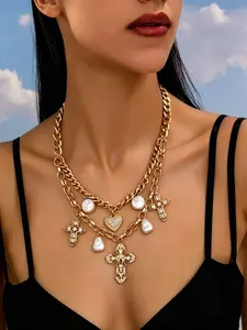 Double-Layer Cross & Pearl Necklace, Y2K Statement Jewelry, Elegant Layered Design, Perfect for Special Occasions, Unique Gift Idea