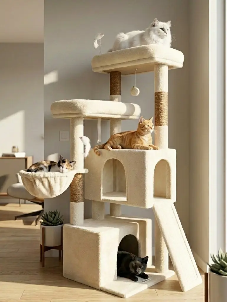 55” Plush Multi-Level Cat Tower | Large Top Perch, Hanging Basket & Easy Assembly 55” Plush Multi-Level Cat Tower | Large Top Perch, Hanging Basket & Easy Assembly