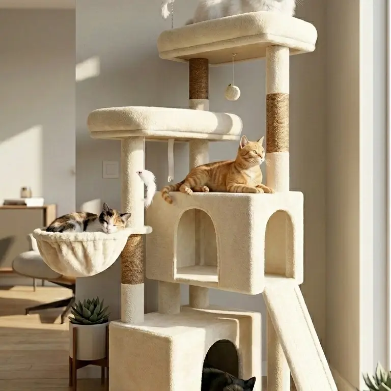 55” Plush Multi-Level Cat Tower | Large Top Perch, Hanging Basket & Easy Assembly