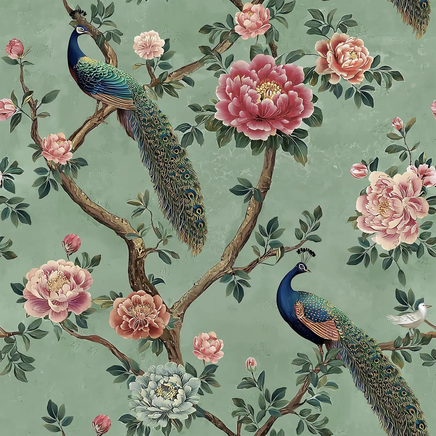 VEELIKE Sage Green Chinoiserie Peel-and-Stick Wallpaper, Vintage Peacock Peony Floral Vinyl Paper, 17.7in x 354in Self-Adhesive Peel-Off Decorative Wall Stickers for Bathroom, Bedroom