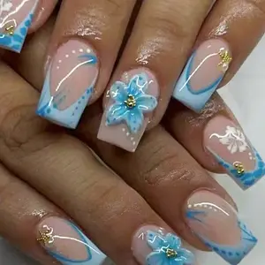 24pcs Medium Long Blue French Style 3D Flower Polka Dot Gold Beads Nail Set, Acrylic Press on Nails Kit Salon Quality Nails with Jelly Glue and File