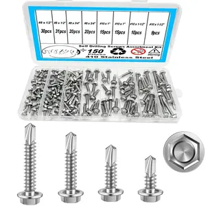 Self Drilling Screws Assortment Kit,150Pcs 410 Stainless Steel Metal Sheet Screw,TEK Screw,Self Tapping Screws,Sheet Metal Screws, #8 1/2" 3/4" #10 1" 1-1/2"