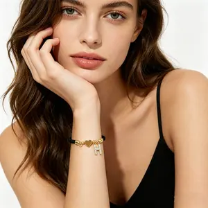 Adjustable A-Z Capital Letters Bracelet Copper Set With Zircon Initial Charm Bracelet For Women Personalized Heart Detail Braided Rope Bracelet Gift For Best Friends