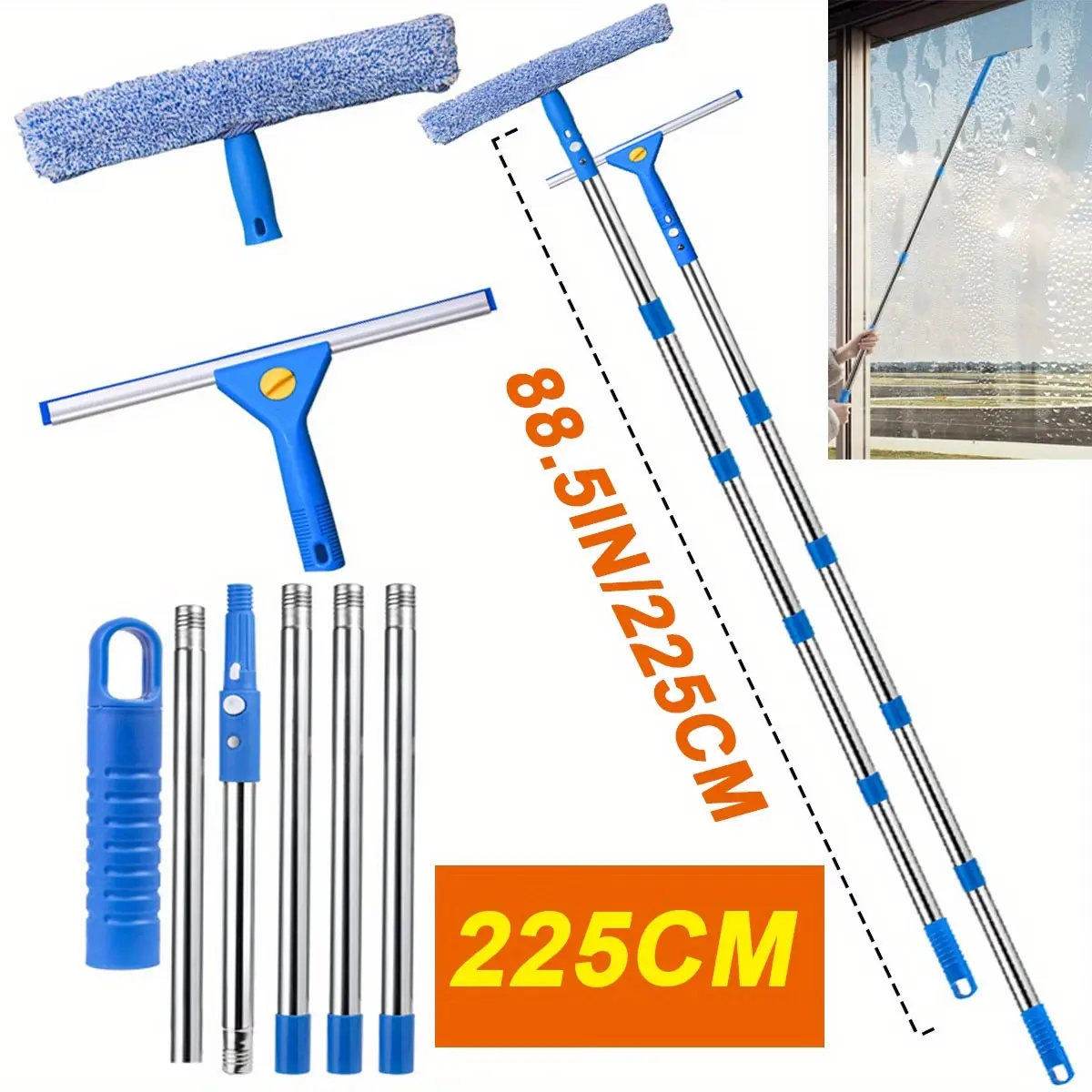 Window wiper cleaning kit - 2-in-1 window cleaning tool, can be combined to 88cm/119 inches, suitable for cleaning high windows, shower glass, and car windshields both indoors and outdoors, Car Windshield Cleaner