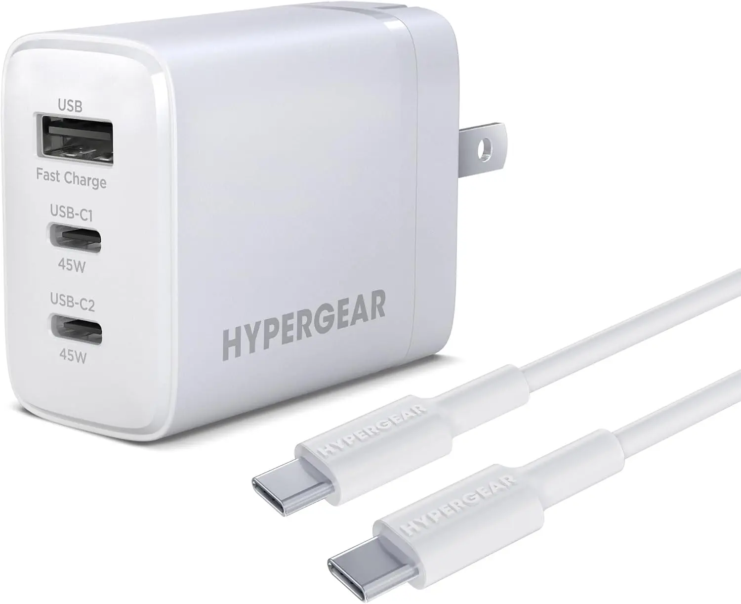 HyperGear USB C Charger Block and Cable - 45W GaN Charger, 3-Port Cell Phone USB-C Wall Chargers, Fast Charging Block Type C, USBC Brick for MacBook, Android, iPhone - Portable International Travel