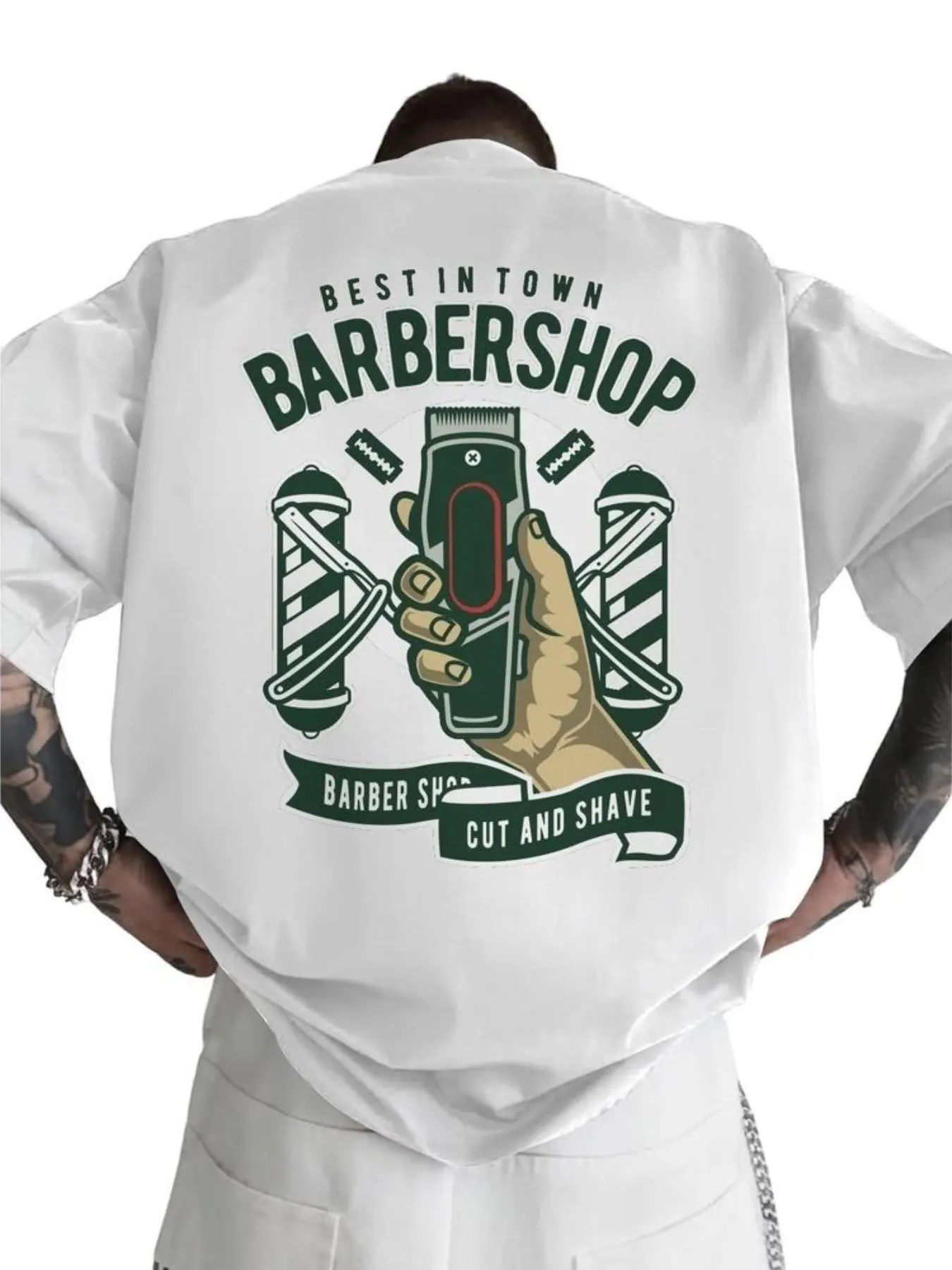 Men's Barber Shop Pattern T-Shirt, Electric Razor Print, Round Neck Short Sleeve Summer Top, Comfortable Fit Design