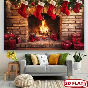 1pc 2D Flat Festive Christmas Fireplace Backdrop - Cozy Fireplace with Red Stockings, Garland & Holiday Decor, Polyester Banner, Party, Event Decor, Modern Home Decor, Photography