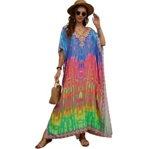 Plus Size Mumu Dresses for Women - Boho Batwing Sleeve Caftan with Side Slits, Long Moo Moo Nightgown & Beach Cover Up - Multi Marble Summer Womenswear
