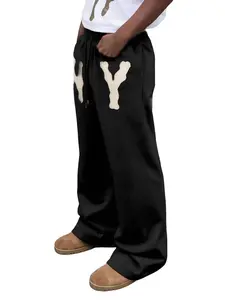 Men's Casual Loose Fit Letter Applique Drawstring Waist Wide Leg Sweatpants BLACK Baggy Sweatpants Y2k Style Perfect Gift For Boyfriend Back To School Menswear pantalones para hombre