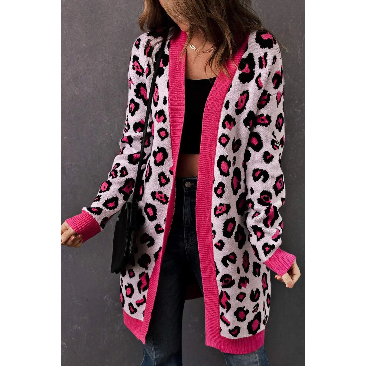 Leopard Contrast Trim Open Front Longline Cardigan