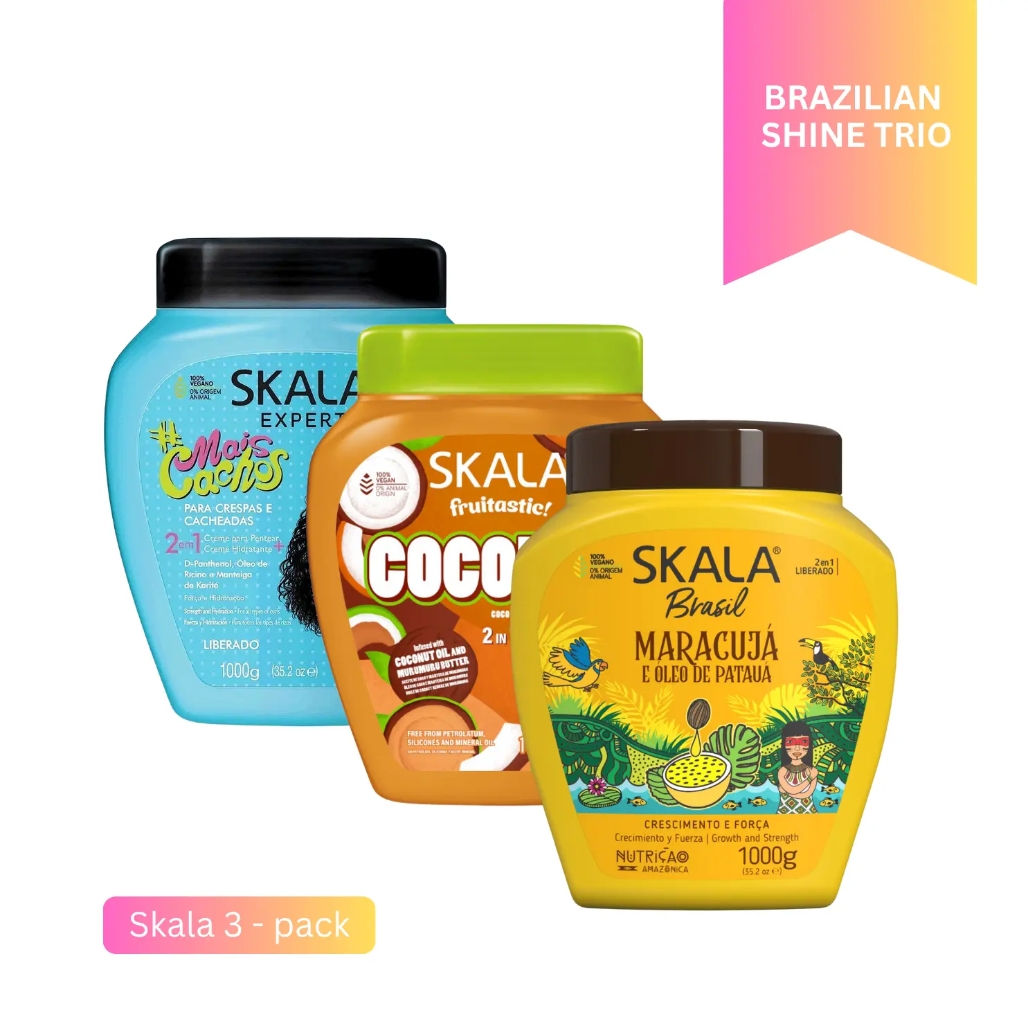 Skala Brazilian Shine Trio Haircare Set, Hydrating Moisturizer with Coconut & Brazilian Fruit Oils for Curly & Wavy Hair, 3 x 1000g Jars, Moisture, Vegan