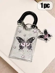 1 Exquisite Acrylic Black Butterfly Business Card Holder With Spring Keychain For Photos, Cards, Credit Card Holders, Id Card Holders, Badge, Double-Sided Transparent Work Permit Card Box (Excluding Cards)
