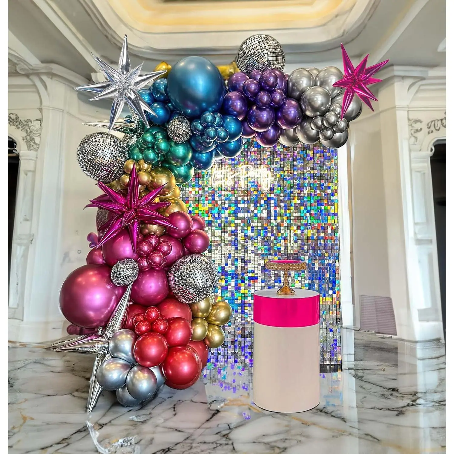 Chrome Balloon Garland Arch Kit 130Pcs Disco Party Decorations With Metallic Purple Teal Red Hot Pink Blue &Disco Ball Balloons For 80S 90S Theme Neon Birthday Galaxy Supplies 2024 New Year Eve