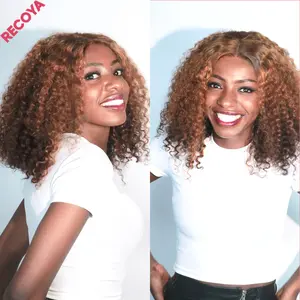 RECOYA 16 Inch Curly Bob Wigs #27/4 Mix Color Vietnam Virgin 12A Human Hair  Wigs Curl 5X5 Gluless Lace Closure Wigs Double Drown HD Transparent Lace Wigs