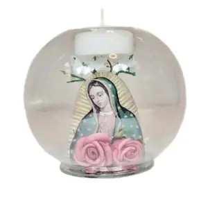 Guadalupe Glass Candle with Virgin Mary Image and Pink Roses for Religious Decor