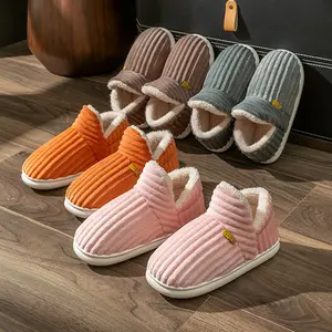 Women's Men's Striped Plush Slippers with Full Covered Design, Fluffy Memory Foam House Shoes Anti-Skid Outdoor Shoes for Winter Indoor Use