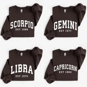 (DM To Shop) Custom Year, Custom Zodiac Sweatshirt – Dark Chocolate Color, Est Your Year Astrology Pullover, Cute Horoscope Energy Gift, Unisex Crewneck Sweatshirt, Birthday Zodiac Sign Outfit 2026