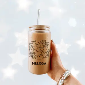 Personalized Zodiac Sign Glass Tumbler with Name – Astrology Gift – 16oz Coffee Cup – Custom Horoscope Gift for Her or Him Bottle Drinkware
