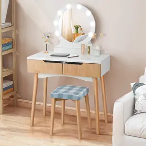 Vanity Set with Round Lighted Mirror, Makeup Dressing Table with 8 Light Bulbs and Brightness Adjustable, Bedroom Makeup Table with Cushioned Stool and 2 Sliding Drawers (Natural)Small modern simple bedroom dressing table