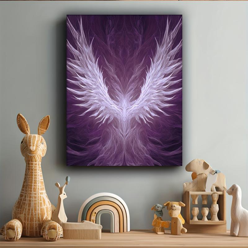 1pc Modern Gothic Purple & White Angel Wings Canvas Wall Art - Abstract Wing Design with Deep Violet-Purple Background, Wrapped Wood Frame, 12x16 Inch Square Painting for Home Decor, Living Room, Bedroom, Office