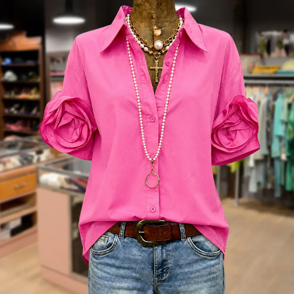 Cherrybetty 100%Cotton Solid Collared Short Sleeve Rose Floral Cuff Blouse Pink Shirt Plus Size Fashion Fall Clothing Women Women's Fashion Ropa Para Mujer Womenswear Top