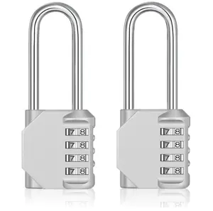 Long Shackle Padlock, 4.53" Overall Height, 2.62" Shackle Height, 4 Digit Combination Lock Weatherproof, Resettable Combo Lock for School/Gym Locker, Outdoor Lock for Fence Gate (Silver, 2 Pack)