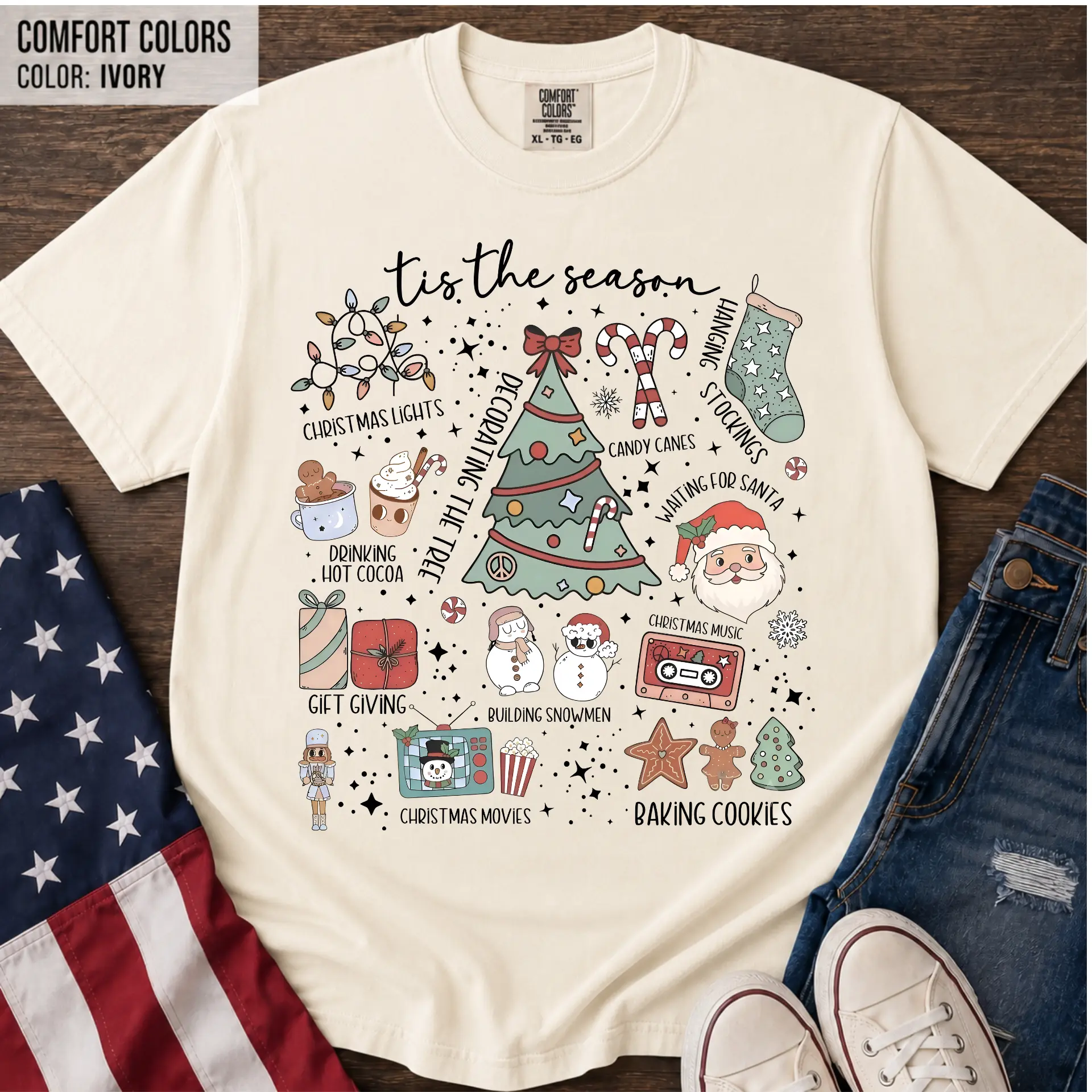 Comfort Colors Tis The Season Christmas Shirt, Retro Holiday Favorites Christmas Tree Hot Cocoa T-Shirt, Winter Cookie Santa Graphic Tee, Christmas Gift - Century Cotton Co.