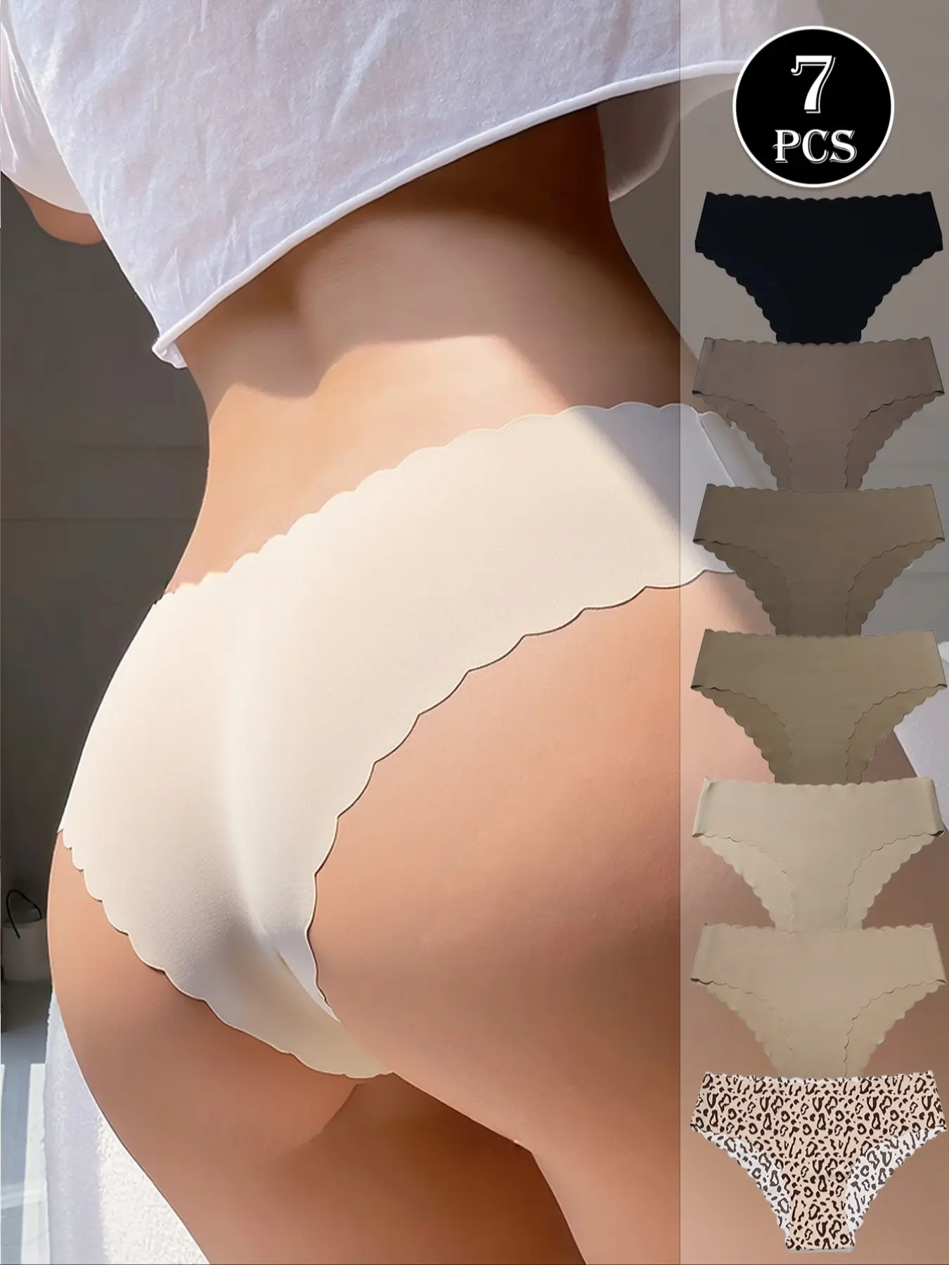 7 Pack Women's Seamless No Show Panties - 2 Styles (Solid Colors & Leopard Print) Scalloped Edge Quick-Dry Nylon Spandex 4-Way Stretch for Yoga Fitness Dance