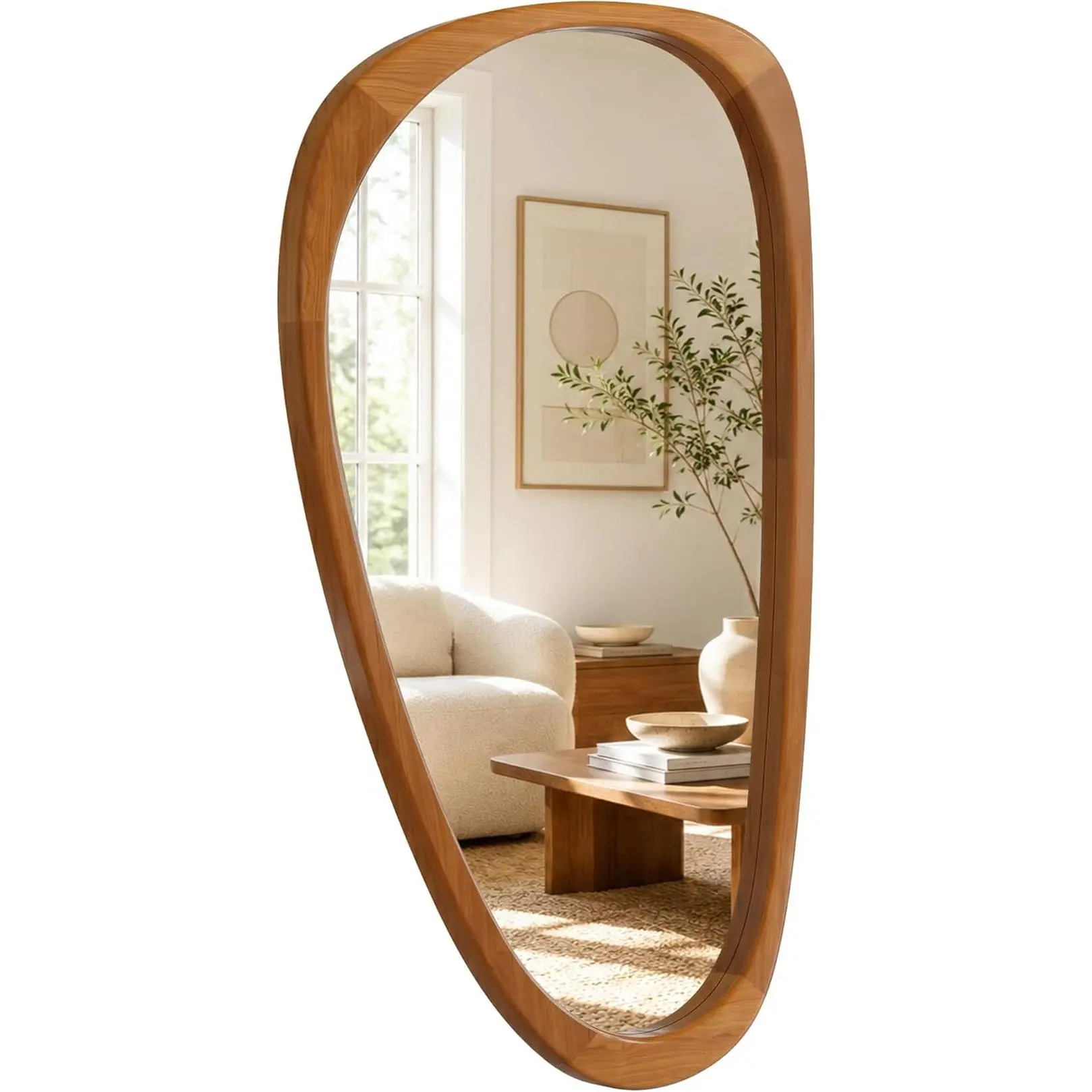 Grove Solid Wood Asymmetric Walnut Rectangular Block Style Wall-Mounted Mirror, 48"×24" Glass Home Decor with Wall Mount for Room Enhanced Reflection, Rectangular Block Style Wall-Mounted Mirrors