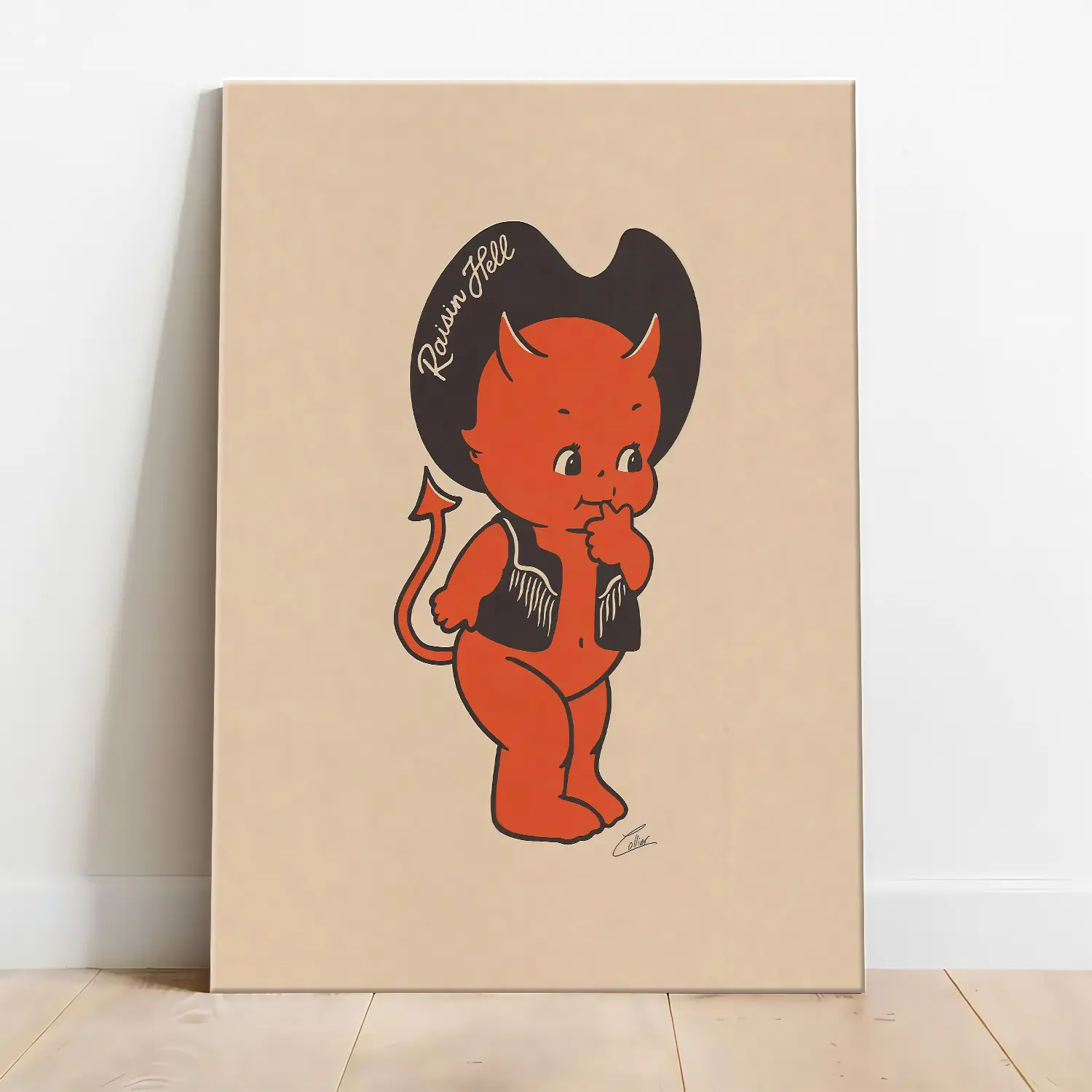 Retro Western Devil Canvas Wall Art, Vintage Tattoo Style Red Cherub Poster, Cute Cowboy Hat Character Print, Y2K Aesthetic Room Decor