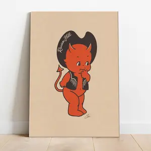 Retro Western Devil Canvas Wall Art, Vintage Tattoo Style Red Cherub Poster, Cute Cowboy Hat Character Print, Y2K Aesthetic Room Decor