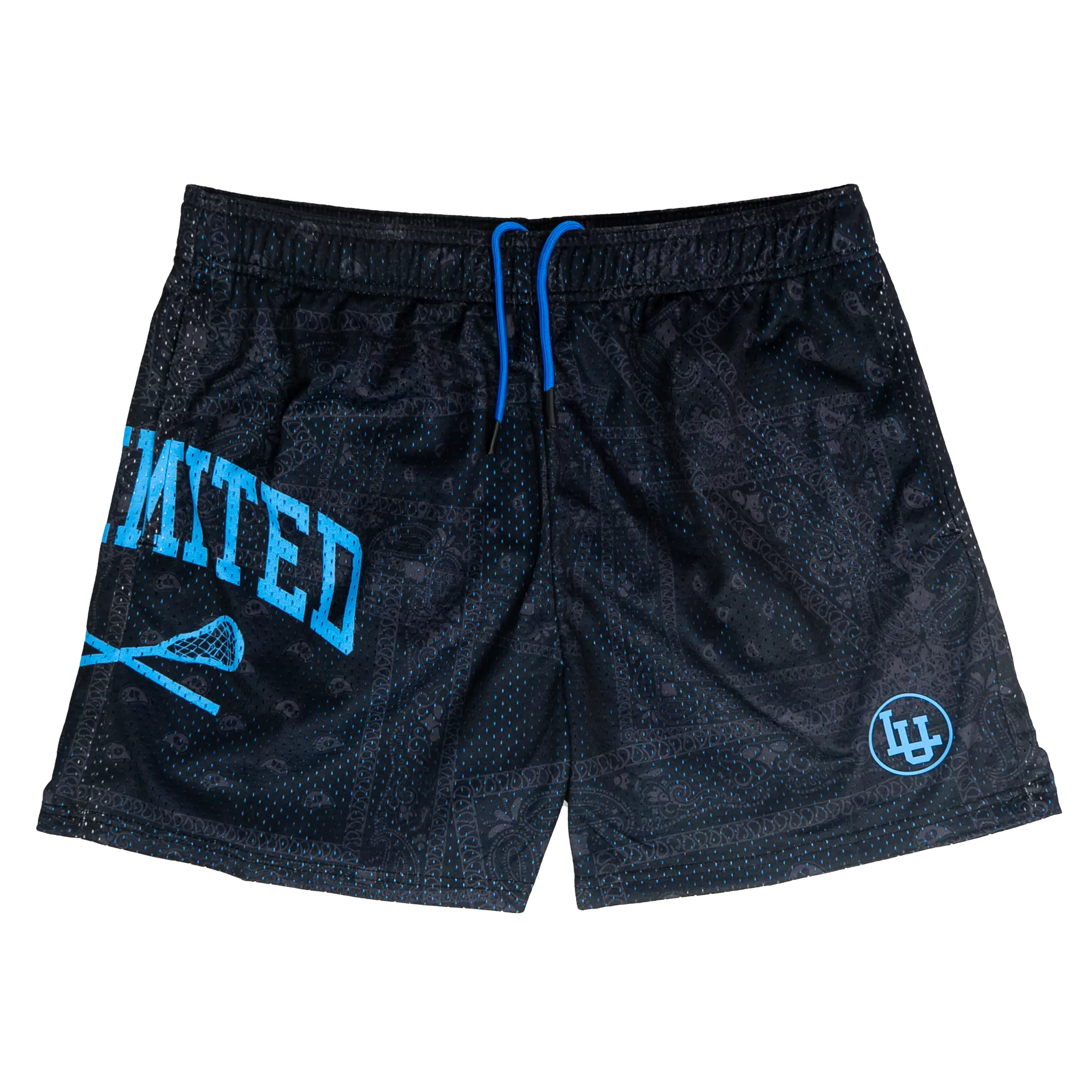 Men's Bandana Print Lacrosse Shorts, 5" Inseam Above Knee Cut, Flat Back Mesh with Zipper Pockets, Mesh-Integrated Men's Sports Shorts, Shorts Cut