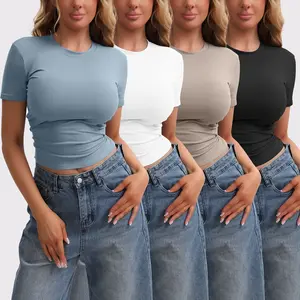 4 Pack Basic Tees T Shirts for Women Workout GymCompression Fitted Short Sleeve Plain T Shirts Crop Tops Y2K
