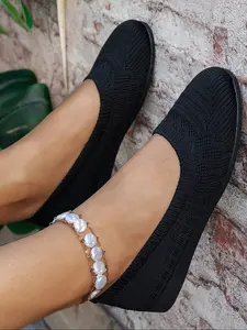 Women's Ballet Flats, Round Toe Mary Jane Shoes, Adjustable Comfortable Knit Slip-Ons, Daily Wear, Rubber