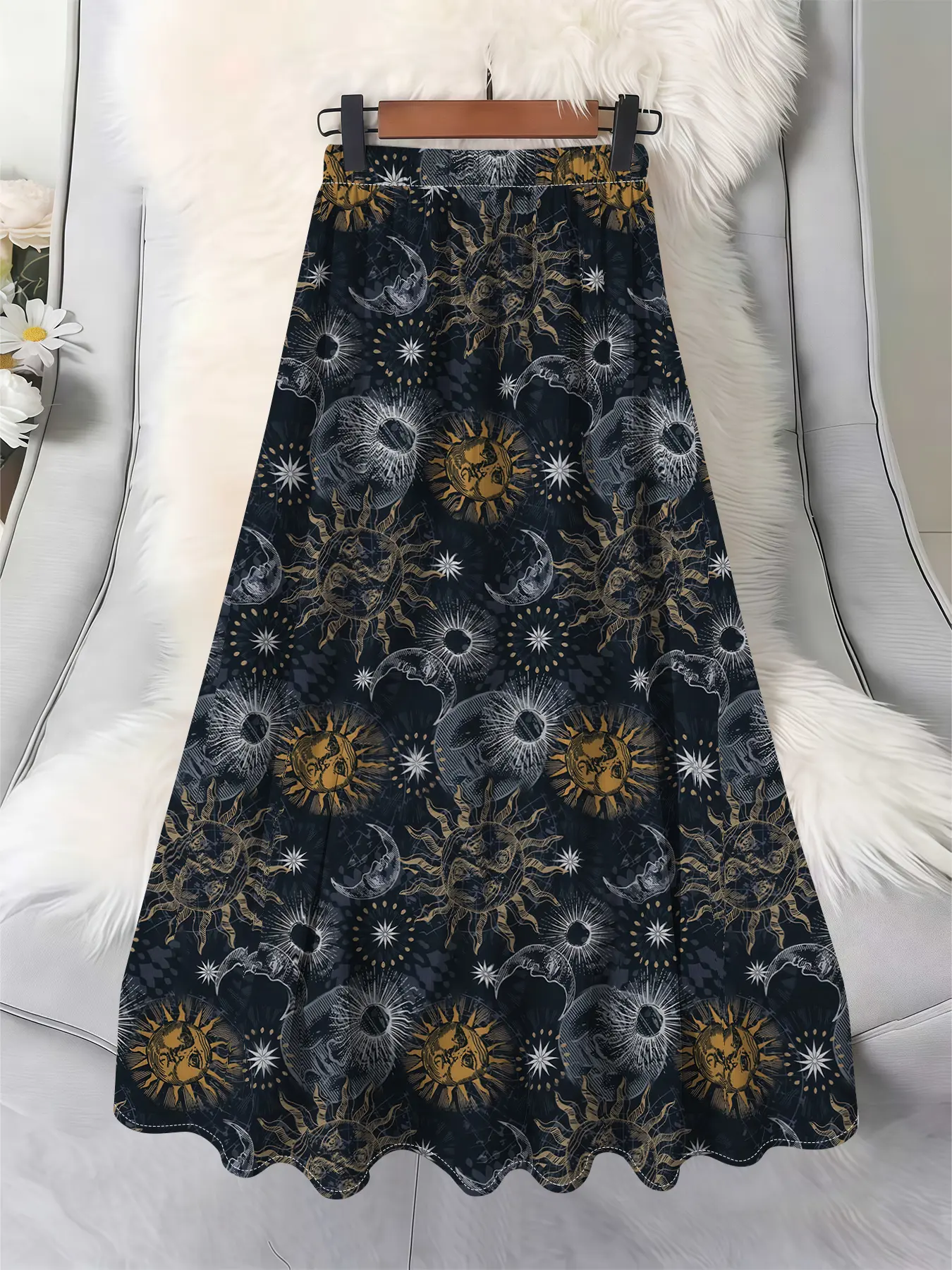 Elegant High-Waisted Long Skirt, Moon & Sun Pattern Print, Soft Focus Texture, Comfortable Plus Size Oversized Design, Casual Style, Women, Fall Aesthetic Skirt